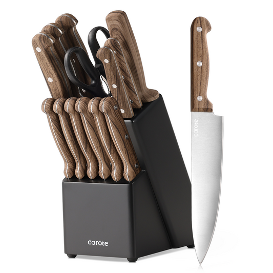CAROTE 14PCS Knife Block Set, Kitchen Knife Set with Block and Sharpener, Stainless Steel Cutlery with Razor-Sharp Blades, Non-Slip Handle, Kitchen Shears