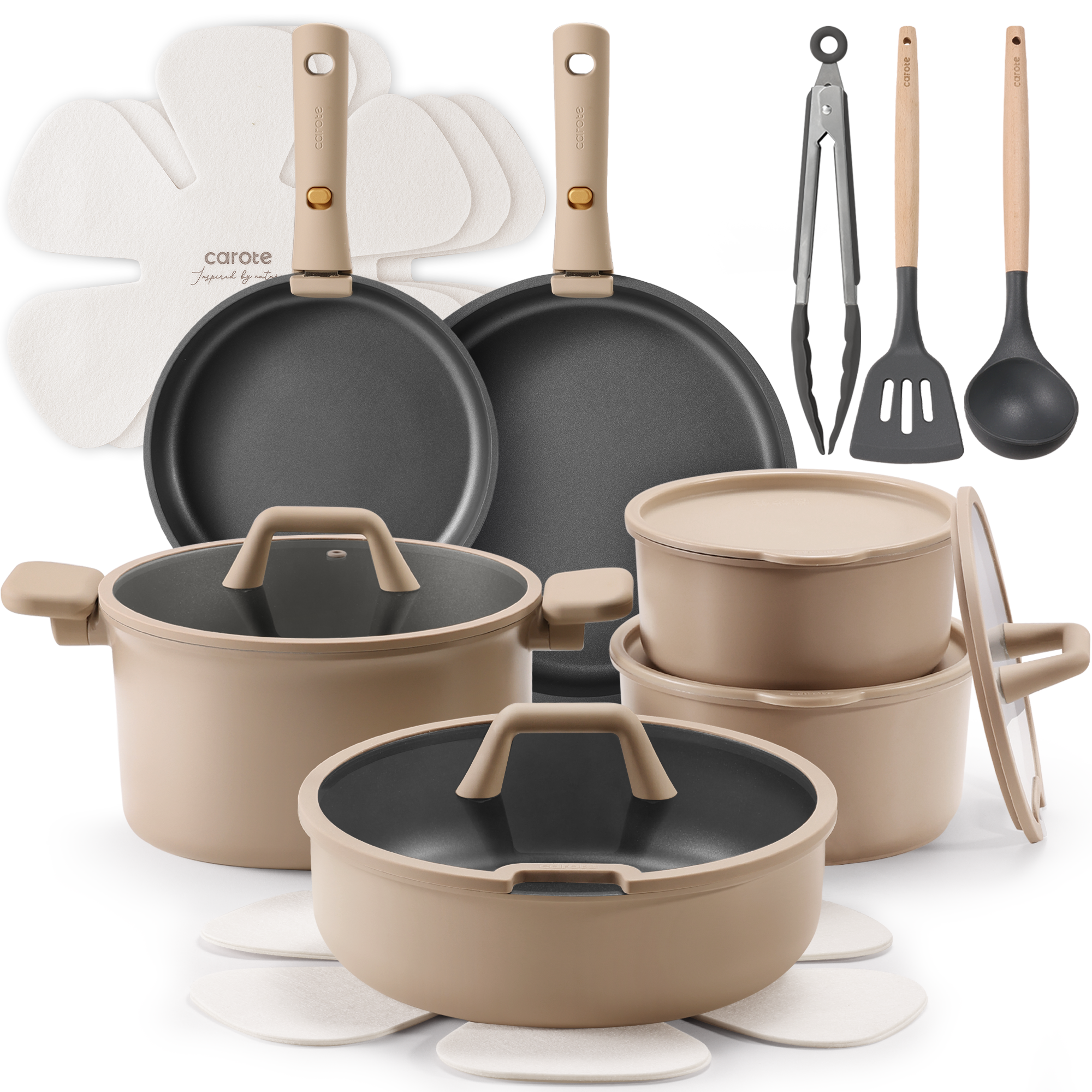 CAROTE 21-Piece Nonstick Cookware Set with Detachable Handle, Pots and Pans Set, Oven/Dishwasher Safe, Brown