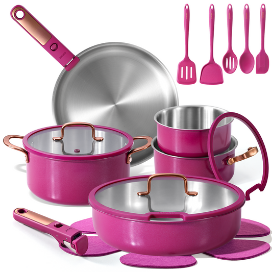 CAROTE 19pcs Stainless Steel Cookware Set with Detachable Handle, Pots and Pans Set, Induction Kitchen Cooking Sets, RV/Camping Cookware, Outer Ceramic Layer, Oven Safe, with Utensil, Violet Purple