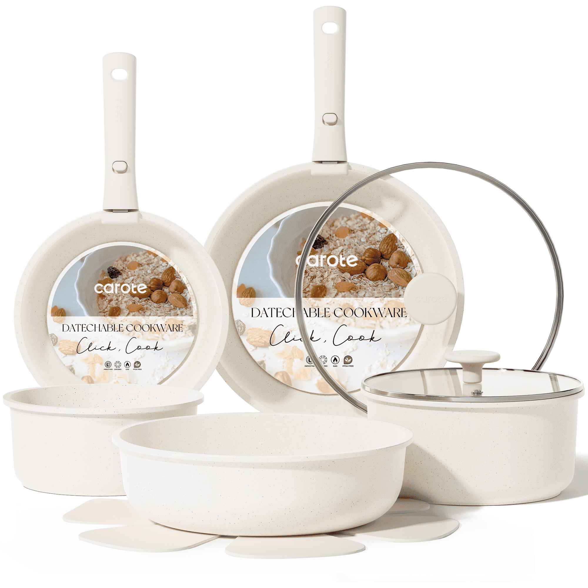 Carote 13 Pcs Nonstick Cookware Sets, Pots and Pans with Detachable Handles, Oven Safe, Induction Cookware, Stackable Kitchen Cooking Set, White
