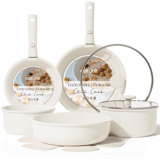 Carote 13 Pcs Nonstick Cookware Sets, Pots and Pans with Detachable Handles, Oven Safe, Induction Cookware, Stackable Kitchen Cooking Set, White