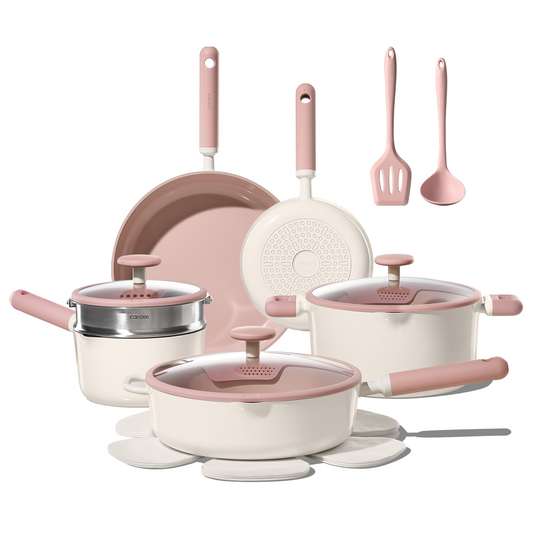 CAROTE Pots and Pans Set Nonstick, Ceramic Cookware Set, Pink Cooking Set Kitchen Induction Set with Steamer, PFAS PTFE Free,15 Piece
