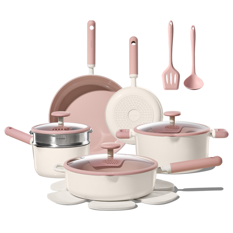 CAROTE Pots and Pans Set Nonstick, Ceramic Cookware Set, Pink Cooking Set Kitchen Induction Set with Steamer, PFAS PTFE Free,15 Piece