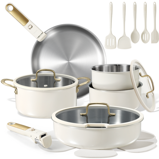 CAROTE 19pcs Stainless Steel Cookware Set with Detachable Handle, Pots and Pans Set, Induction Kitchen Cooking Sets, RV/Camping Cookware, Outer Ceramic Layer, Oven Safe, with Utensil, Cream White