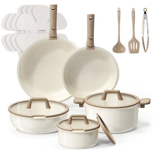 CAROTE 18pcs Ceramic Cookware Set, Pots and Pans Set, Induction Nonstick Kitchen Cookware Sets, Non Stick RV Cookware Set with Detachable Handle, Dishwasher/Oven Safe Cookware Set, Brown