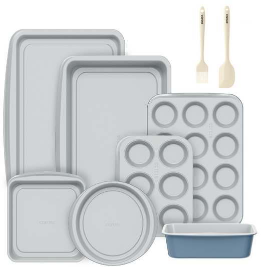 CAROTE 9-Piece Nonstick Stackable Baking Pans Set - Bakeware Sets Including Cookie Sheets for Baking, Muffin Pan, Bread Pan, Cake pan, Loaf Pan, Roasting Pan, Gray & Blue
