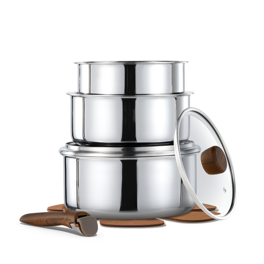 CAROTE 8pcs Stainless Steel Sauce Pan Set with Detachable Handle, 1.5QT&2QT&3QT Saucepan Set with Lid, Nonstick Induction Kitchen Cookware, RV/Camping Pots, Removable Handle, Oven Safe, Wooden Style