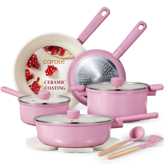 CAROTE 14pcs cookware set non stick, pink