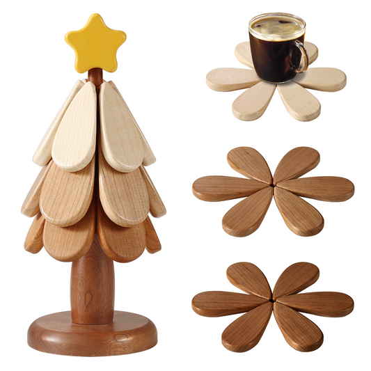 Carote Trivets for Hot Dishes, Wooden Tree Trivet Set for Hot Pots and Pans, Heat and Stain Resistant Design for Kitchen Island Decor, Wood Tree Coasters, 3 Trivets + 1 Stand