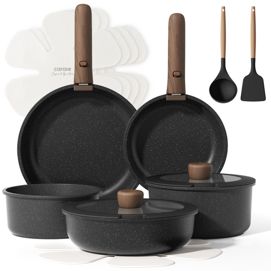 Carote 15 Pcs Nonstick Cookware Sets, Granite Non Stick Pots and Pans with Removable Handle, Induction Cookware, Black