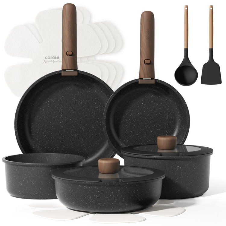 Carote 15 Pcs Nonstick Cookware Sets, Granite Non Stick Pots and Pans with Removable Handle, Induction Cookware, Black