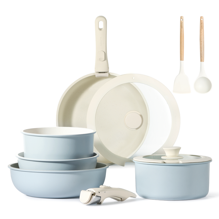 CAROTE 11pcs Pots and Pans Set, Nonstick Cookware Set Detachable Handle, Induction Kitchen Cookware Sets Non Stick with Removable Handle, RV Cookware Set, Oven Safe, Blue