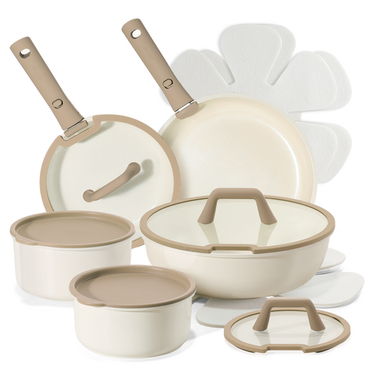 Carote 16Pcs Ceramic Nonstick Cookware Sets, PFAS Free Pots and Pans Set W/ Detachable Handle, Dishwasher Safe, Taupe