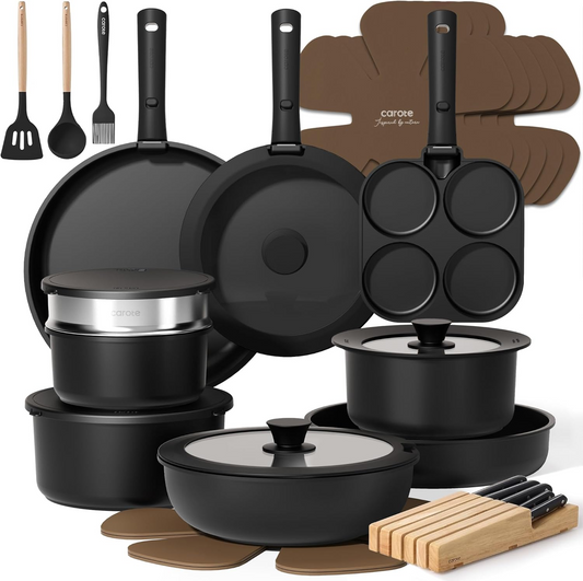 CAROTE 33pcs Pots and Pans Set Non Stick, Cookware Set, Removable Handle Pots and Pans Nonstick, RV Oven Safe Cookware, with Kitchen Knife Set, Black