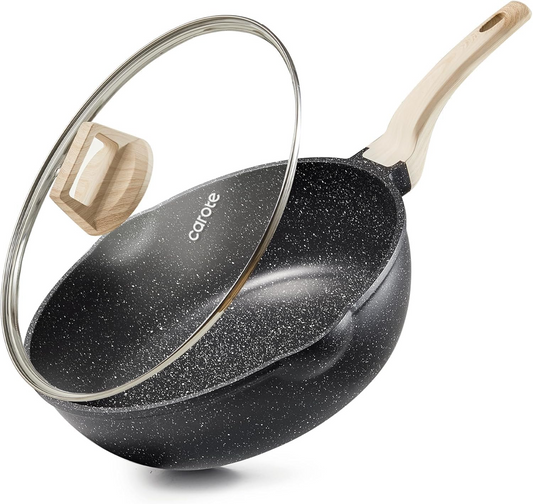 CAROTE 10Inch Nonstick Deep Frying Pan with Lid, 5 Qt Jumbo Cooker Saute Pan with Pour Spout, Skillet Induction Cookware, Non Stick Cooking Pan PFOA Free, Classic Granite