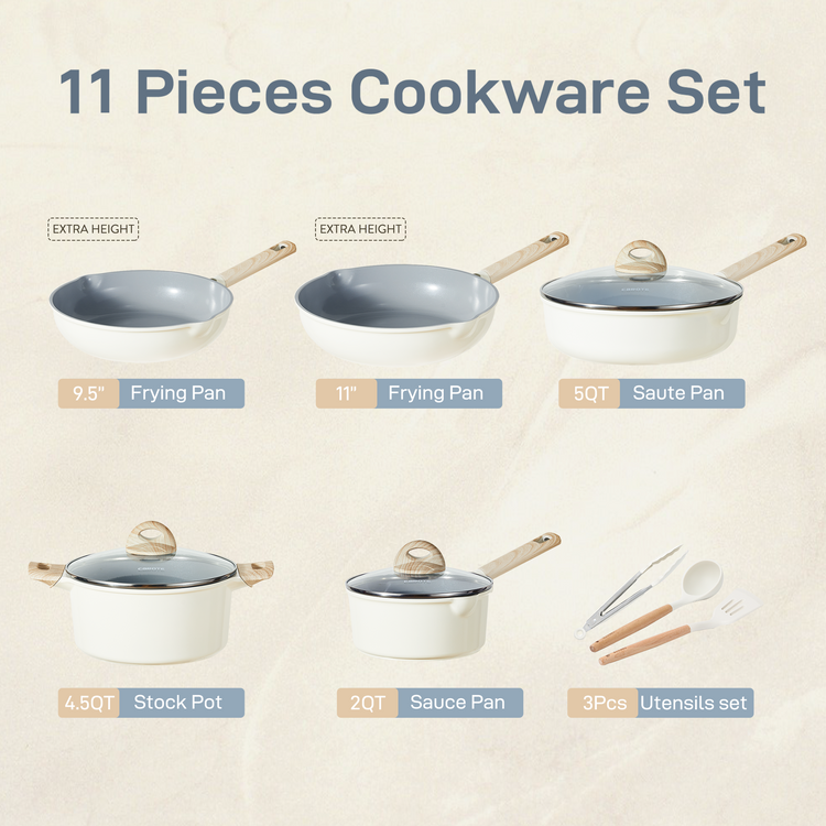 CAROTE 11pcs Ceramic Cookware Set, Pots and Pans Set Non Stick, Kitchen Cookware Sets, Kitchen Induction Pots and Pans Cooking Sets, Cream White
