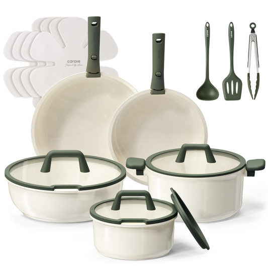 CAROTE 18pcs Ceramic Cookware Set, Pots and Pans Set, Induction Nonstick Kitchen ,Non Stick RV Cookware Set with Detachable Handle, Dishwasher/Oven Safe , Green