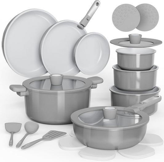 CAROTE 25pcs Ceramic Cookware Set, Pots and Pans Set Non Stick, Induction Kitchen Cookware Sets, Non Stick RV Cookware Set with Detachable Handle, Dishwasher/Oven Safe Cookware Set, Dark Gray