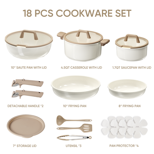 CAROTE 18pcs Ceramic Cookware Set, Pots and Pans Set, Induction Nonstick Kitchen Cookware Sets, Non Stick RV Cookware Set with Detachable Handle, Dishwasher/Oven Safe Cookware Set, Brown