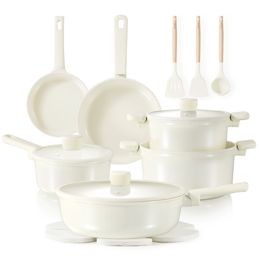 CAROTE 18Pcs Ceramic Pots and Pans Set Non Stick, Healthy Cookware Set, PFAS/PFOA Free, Kitchen Cooking Set with Frying Pans, Cream White