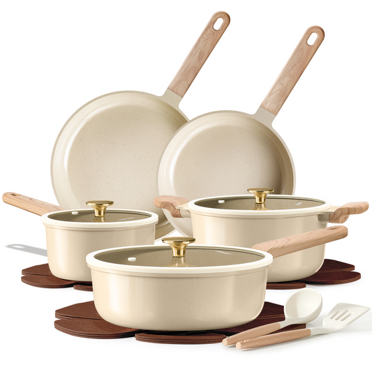 CAROTE Pots and Pans Set Non stick, Ceramic Cookware Set 14Pcs, Non-toxic Kitchen Cooking Set, PFAS and PFOA Free