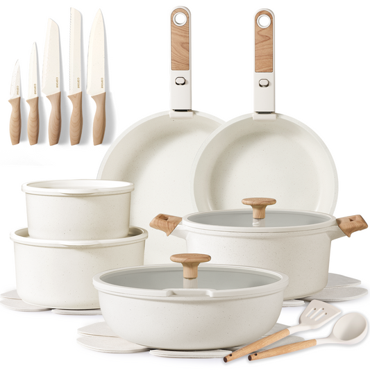 CAROTE 25pcs Pots and Pans Set Non Stick, Cookware Sets, Kitchen Set, Oven/Dishwasher/Fridge Safe, Space Saving Pots Set, Nonstick Set with Versatile Detachable Handle with Knife Set, Cream