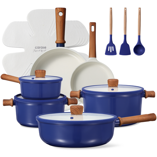 CAROTE 18pcs ceramic cookware set non stick,blue