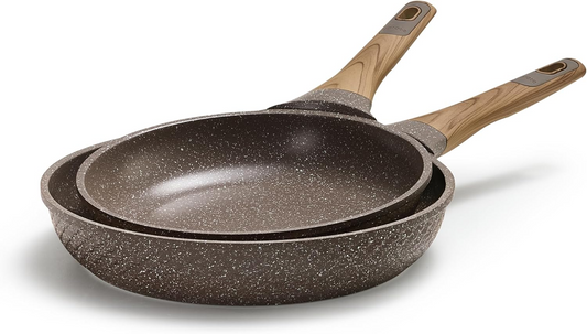 CAROTE Nonstick Frying Pan Skillet,Non Stick Granite Fry Pan Egg Pan Omelet Pans, Stone Cookware Chef's Pan, PFOA Free,Induction Compatible, Brown, 9.5"+11"