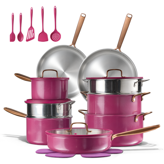CAROTE 24pcs Tri-Ply Stainless Steel Cookware Set, Pots and Pans Set, Non Stick Induction Kitchen Cooking Sets, Outer Ceramic Layer, Nonstick Cookware Collection, with Utensil, Violet Purple