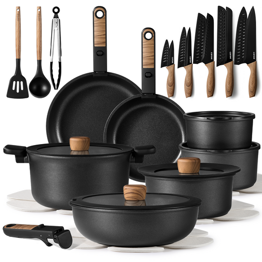 CAROTE 34pcs Pots and Pans Set, Nonstick Cookware Set Detachable Handle, Induction Kitchen Cookware Sets Non Stick with Removable Handle, RV Cookware Set, Oven Safe, Jet Black
