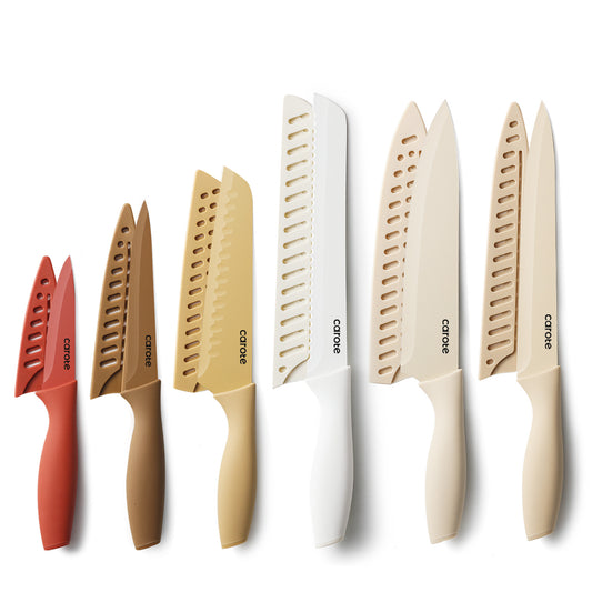 CAROTE 12 Pieces Kitchen Knife Set, Stainless Steel Knife Set With Nonstick Ceramic Coating,Anti-Rust,Brown
