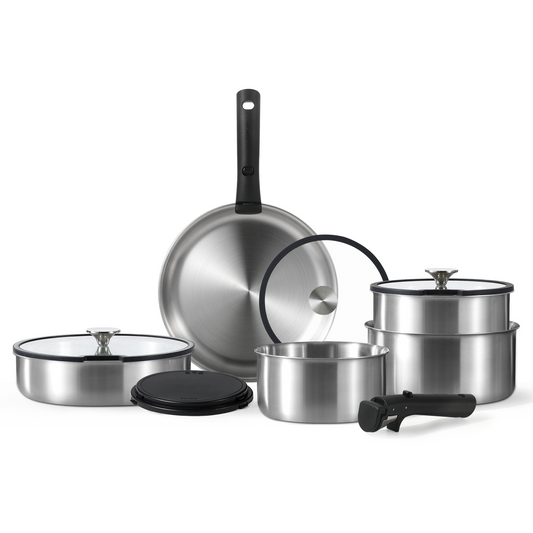 CAROTE 12pcs Pots and Pans Set, Stainless Steel Kitchen Cookware Set Detachable Handle, Induction Cookware Sets with Removable Handle, RV Cookware Set, Oven Safe, Stainless Steel, Black