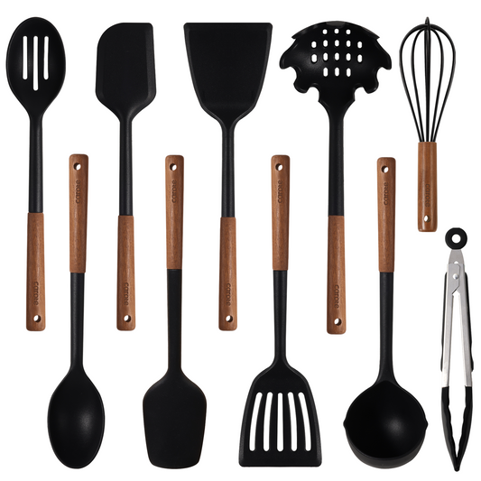 CAROTE Wooden kitchen Utensils Set, Acacia Wood 8pcs Cooking Utensil Set for Nonstick Cookware, Long-lasting Wooden Spoons for Cooking, Spatula, Turner