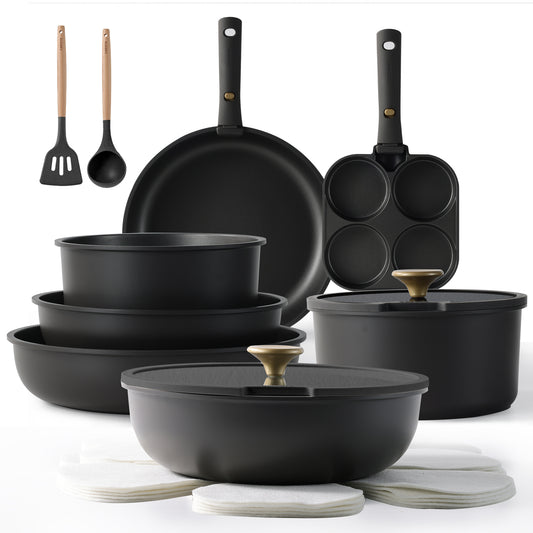 CAROTE 19pcs Pots and Pans Set, Nonstick Cookware Set Detachable Handle, Induction Kitchen Cookware Sets Non Stick with Removable Handle, RV Cookware Set, Gold and Dark Gray