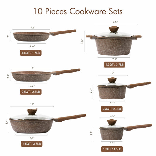 Carote Nonstick Granite Cookware Sets, 10 Pcs Brown Granite Pots and Pans Set, Induction Stone Kitchen Cooking Set